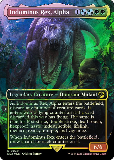Indominus Rex, Alpha (Borderless) (Emblem)\nJurassic World Collection - Alternate Foil\nSingle\nMagic The Gathering