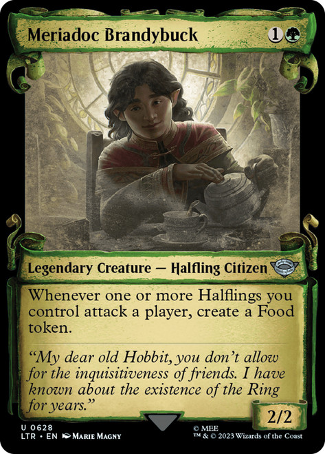 Meriadoc Brandybuck (#628) (Showcase)\nThe Lord of the Rings - Variants\nSingle\nMagic The Gathering