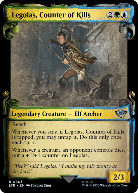Legolas, Counter of Kills (#663) (Showcase)\nThe Lord of the Rings - Variants\nSingle\nMagic The Gathering