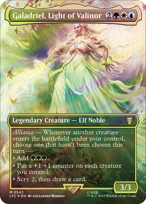 Galadriel, Light of Valinor (Borderless) (Surge Foil)\nThe Lord of the Rings Commander - Alternate Foil\nSingle\nMagic The Gathering
