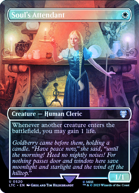 Soul's Attendant (Borderless) (Silver Foil)\nThe Lord of the Rings Commander - Alternate Foil\nSingle\nMagic The Gathering