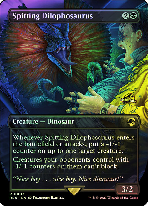 Spitting Dilophosaurus (Borderless)\nJurassic World Collection\nSingle\nMagic The Gathering