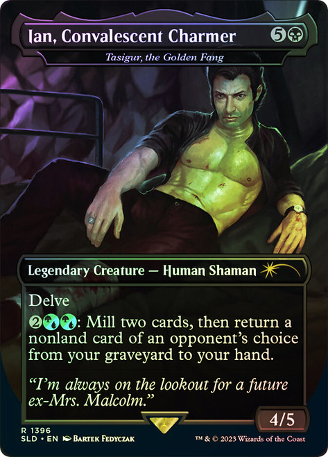 Tasigur, the Golden Fang (Ian, Convalescent Charmer) (Secret Lair) (Borderless) (Jurassic World)\nPromo: General\nSingle\nMagic The Gathering