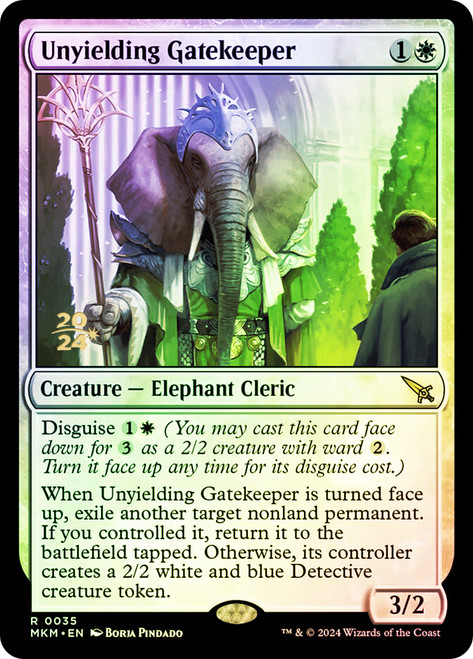 Unyielding Gatekeeper (Prerelease) (Murders at Karlov Manor)\nPromo: Date Stamped\nSingle\nMagic The Gathering