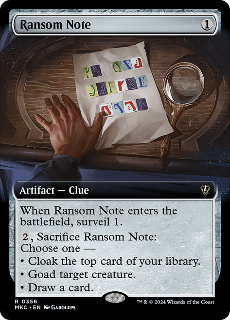 Ransom Note (#356) (Extended Art)\nMurders at Karlov Manor Commander - Variants\nSingle\nMagic The Gathering