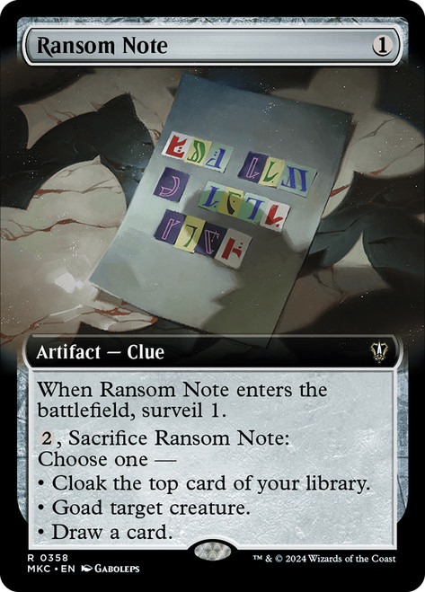 Ransom Note (#358) (Extended Art)\nMurders at Karlov Manor Commander - Variants\nSingle\nMagic The Gathering