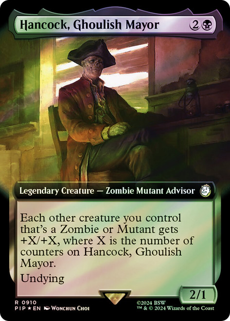Hancock, Ghoulish Mayor (Extended Art) (Surge Foil)\nFallout Commander - Alternate Foil Variants\nSingle\nMagic The Gathering