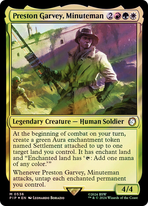 Preston Garvey, Minuteman (Surge Foil)\nFallout Commander - Alternate Foil\nSingle\nMagic The Gathering