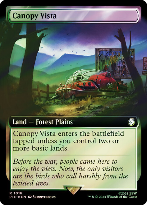 Canopy Vista (Extended Art) (Surge Foil)\nFallout Commander - Alternate Foil Variants\nSingle\nMagic The Gathering