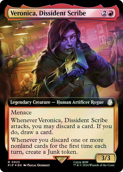 Veronica, Dissident Scribe (Extended Art) (Surge Foil)\nFallout Commander - Alternate Foil Variants\nSingle\nMagic The Gathering