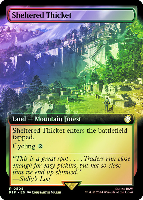 Sheltered Thicket (Extended Art)\nFallout Commander - Variants\nSingle\nMagic The Gathering