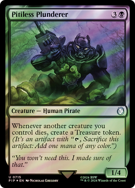 Pitiless Plunderer (Surge Foil)\nFallout Commander - Alternate Foil\nSingle\nMagic The Gathering