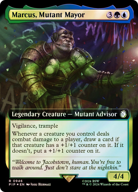 Marcus, Mutant Mayor (Extended Art) (Surge Foil)\nFallout Commander - Alternate Foil Variants\nSingle\nMagic The Gathering