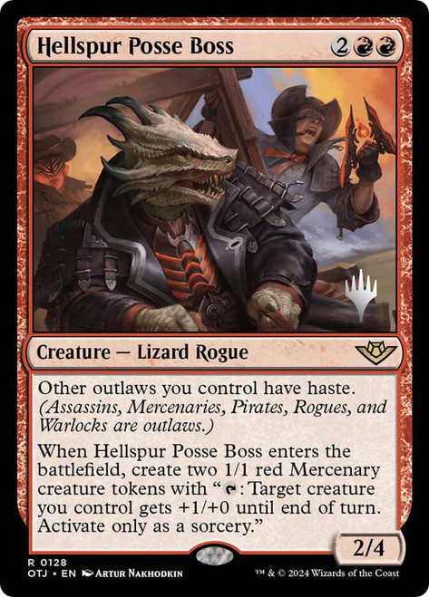 Hellspur Posse Boss (Promo Pack) (Outlaws of Thunder Junction)\nPromo: Planeswalker Stamped\nSingle\nMagic The Gathering
