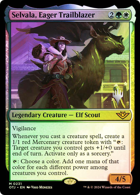 Selvala, Eager Trailblazer (Promo Pack) (Outlaws of Thunder Junction)\nPromo: Planeswalker Stamped\nSingle\nMagic The Gathering