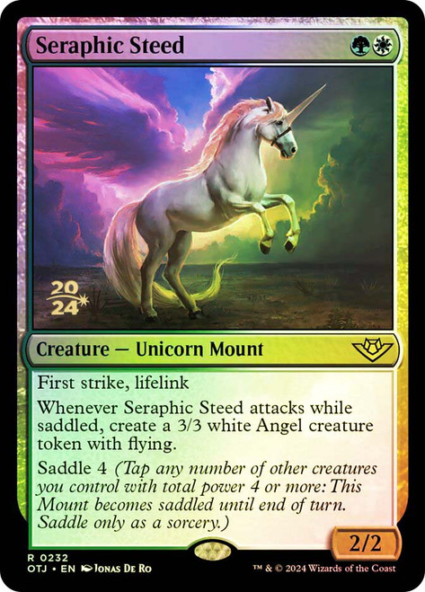 Seraphic Steed (Prerelease) (Outlaws of Thunder Junction)\nPromo: Date Stamped\nSingle\nMagic The Gathering