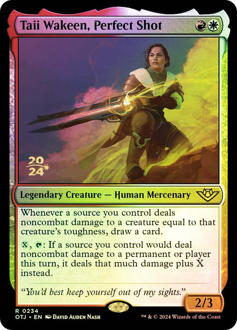 Taii Wakeen, Perfect Shot (Prerelease) (Outlaws of Thunder Junction)\nPromo: Date Stamped\nSingle\nMagic The Gathering