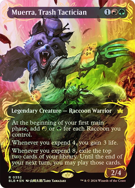 Muerra, Trash Tactician (Borderless) (Raised Foil)\nBloomburrow - Alternate Foil Variants\nSingle\nMagic The Gathering