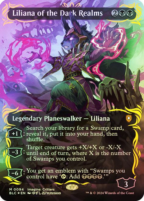 Liliana of the Dark Realms (Borderless) (Raised Foil)\nBloomburrow Commander - Alternate Foil\nSingle\nMagic The Gathering
