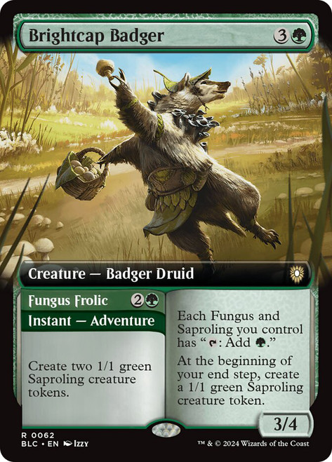 Brightcap Badger // Fungus Frolic (Extended Art)\nBloomburrow Commander - Variants\nSingle\nMagic The Gathering