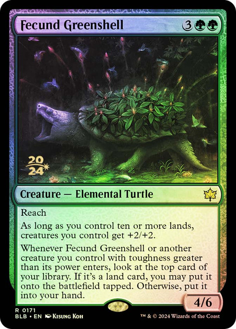 Fecund Greenshell (Prerelease) (Bloomburrow)\nPromo: Date Stamped\nSingle\nMagic The Gathering