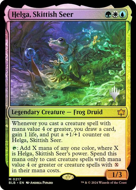 Helga, Skittish Seer (Promo Pack) (Bloomburrow)\nPromo: Planeswalker Stamped\nSingle\nMagic The Gathering
