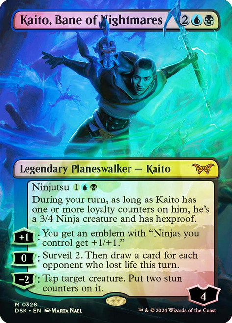 Kaito, Bane of Nightmares (#328) (Borderless)\nDuskmourn: House of Horror - Variants\nSingle\nMagic The Gathering
