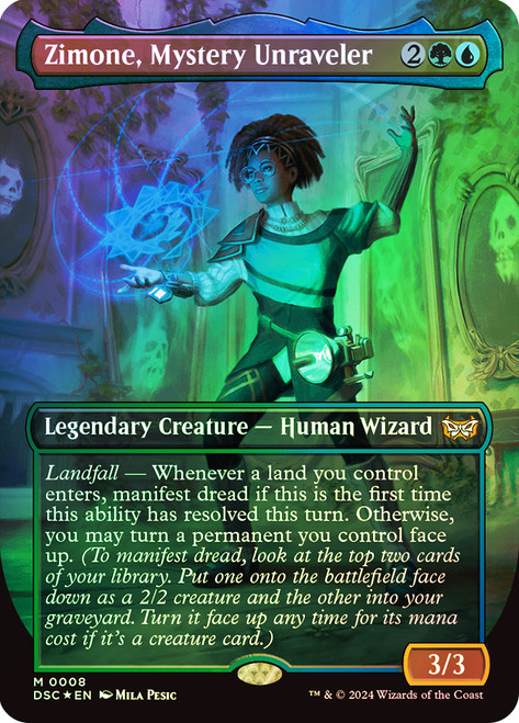 Zimone, Mystery Unraveler (Borderless)\nDuskmourn: House of Horror Commander - Variants\nSingle\nMagic The Gathering