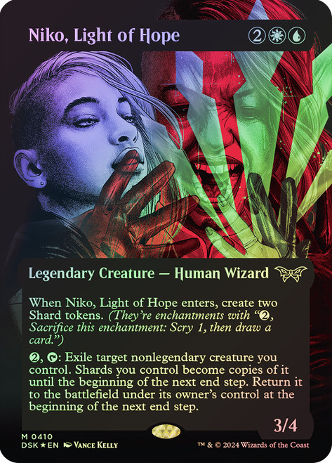 Niko, Light of Hope (Borderless) (Textured Foil)\nDuskmourn: House of Horror - Alternate Foil Variants\nSingle\nMagic The Gathering