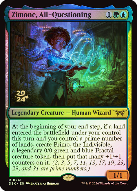 Zimone, All-Questioning (Prerelease) (Duskmourn: House of Horror)\nPromo: Date Stamped\nSingle\nMagic The Gathering