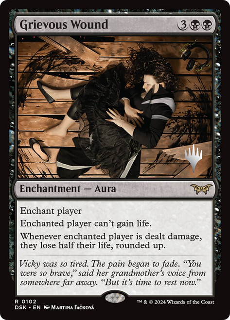 Grievous Wound (Promo Pack) (Duskmourn: House of Horror)\nPromo: Planeswalker Stamped\nSingle\nMagic The Gathering
