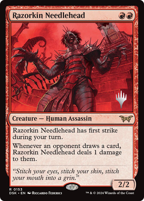 Razorkin Needlehead (Promo Pack) (Duskmourn: House of Horror)\nPromo: Planeswalker Stamped\nSingle\nMagic The Gathering