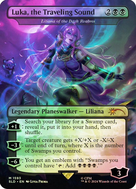 Liliana of the Dark Realms (Luka, the Traveling Sound) (Hatsune Miku) (Secret Lair) (#1593) (Borderless)\nPromo: General\nSingle\nMagic The Gathering