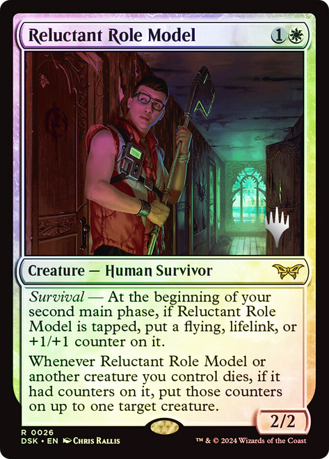 Reluctant Role Model (Promo Pack) (Duskmourn: House of Horror)\nPromo: Planeswalker Stamped\nSingle\nMagic The Gathering