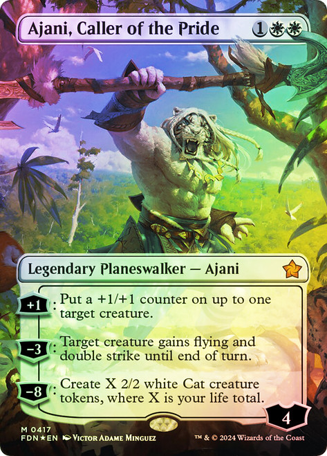 Ajani, Caller of the Pride (Borderless) (Mana Foil)\nFoundations - Alternate Foil Variants\nSingle\nMagic The Gathering