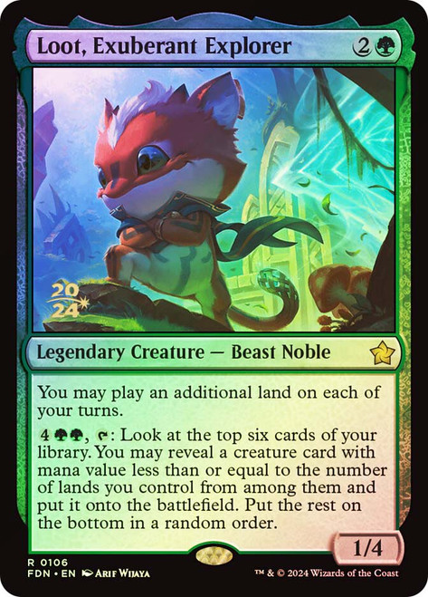 Loot, Exuberant Explorer (Prerelease) (Foundations)\nPromo: Date Stamped\nSingle\nMagic The Gathering