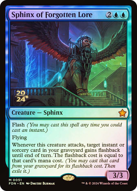 Sphinx of Forgotten Lore (Prerelease) (Foundations)\nPromo: Date Stamped\nSingle\nMagic The Gathering