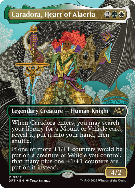 Caradora, Heart of Alacria (Borderless)\nAetherdrift - Variants\nSingle\nMagic The Gathering