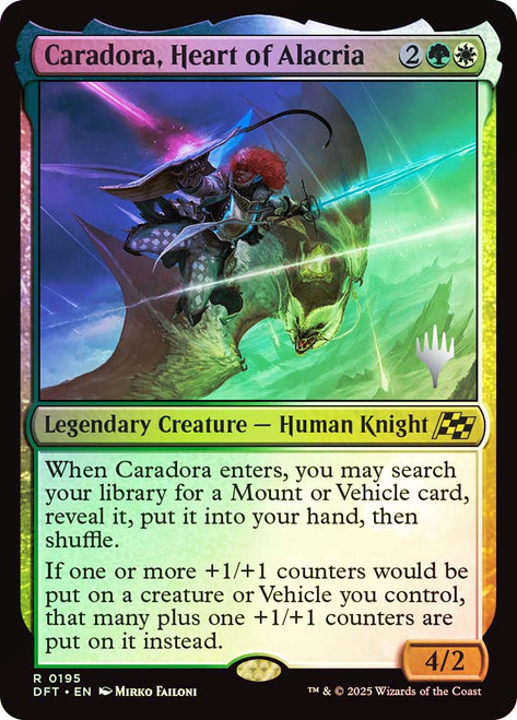 Caradora, Heart of Alacria (Promo Pack) (Aetherdrift)\nPromo: Planeswalker Stamped\nSingle\nMagic The Gathering