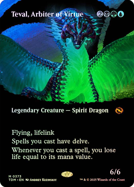 Teval, Arbiter of Virtue (Borderless)\nTarkir: Dragonstorm - Variants\nSingle\nMagic The Gathering