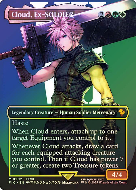 Cloud, Ex-SOLDIER (#202) (Borderless)\nFINAL FANTASY Commander - Variants\nSingle\nMagic The Gathering