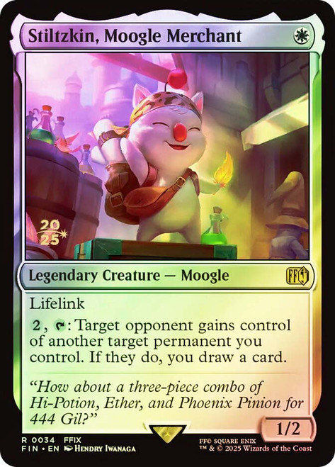 Stiltzkin, Moogle Merchant (Prerelease) (FINAL FANTASY)\nPromo: Date Stamped\nSingle\nMagic The Gathering
