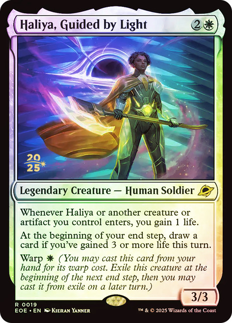 Haliya, Guided by Light (Prerelease) (Edge of Eternities)\nPromo: Date Stamped\nSingle\nMagic The Gathering