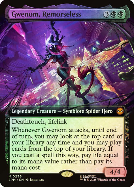 Gwenom, Remorseless (#256) (Extended Art)\nMarvel's Spider-Man - Variants\nSingle\nMagic The Gathering