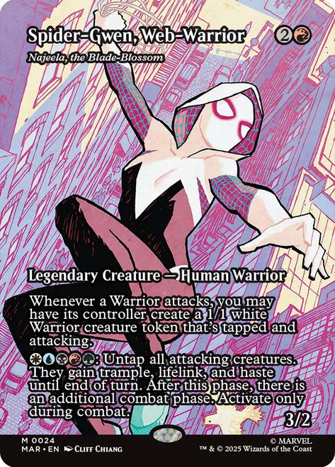 Najeela, the Blade-Blossom (Spider-Gwen, Web-Warrior) (Borderless)\nMarvel Universe\nSingle\nMagic The Gathering