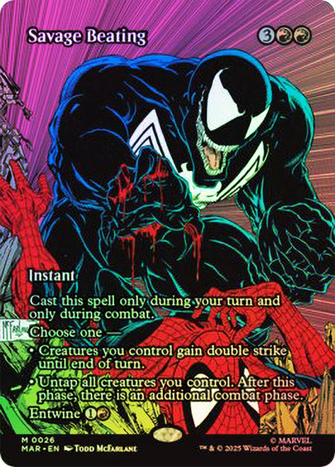 Savage Beating (Borderless)\nMarvel Universe\nSingle\nMagic The Gathering