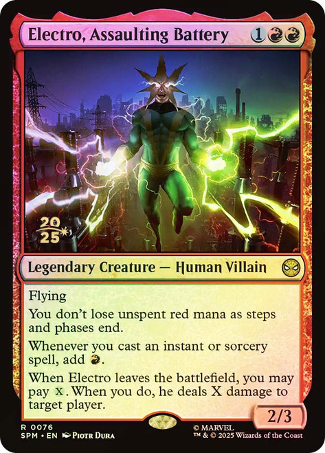 Electro, Assaulting Battery (Prerelease) (Marvel's Spider-Man)\nPromo: Date Stamped\nSingle\nMagic The Gathering