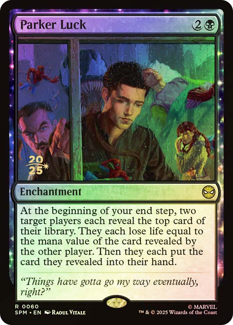 Parker Luck (Prerelease) (Marvel's Spider-Man)\nPromo: Date Stamped\nSingle\nMagic The Gathering