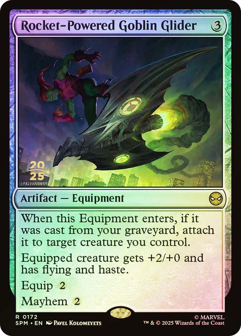 Rocket-Powered Goblin Glider (Prerelease) (Marvel's Spider-Man)\nPromo: Date Stamped\nSingle\nMagic The Gathering