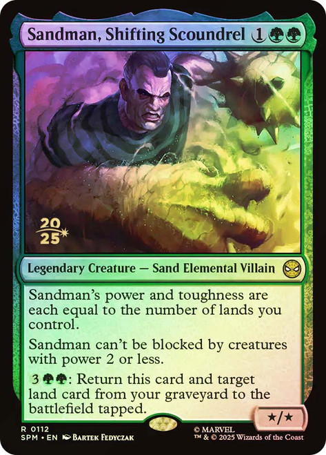 Sandman, Shifting Scoundrel (Prerelease) (Marvel's Spider-Man)\nPromo: Date Stamped\nSingle\nMagic The Gathering
